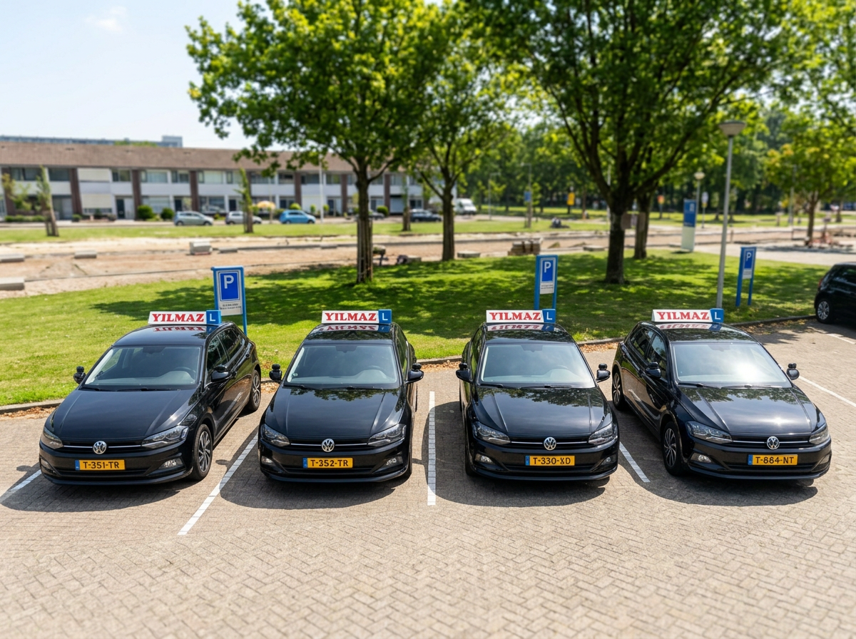 Het wagenpark van Autorijschool Yilmaz: vier zwarte Volkswagen Polo lesauto's